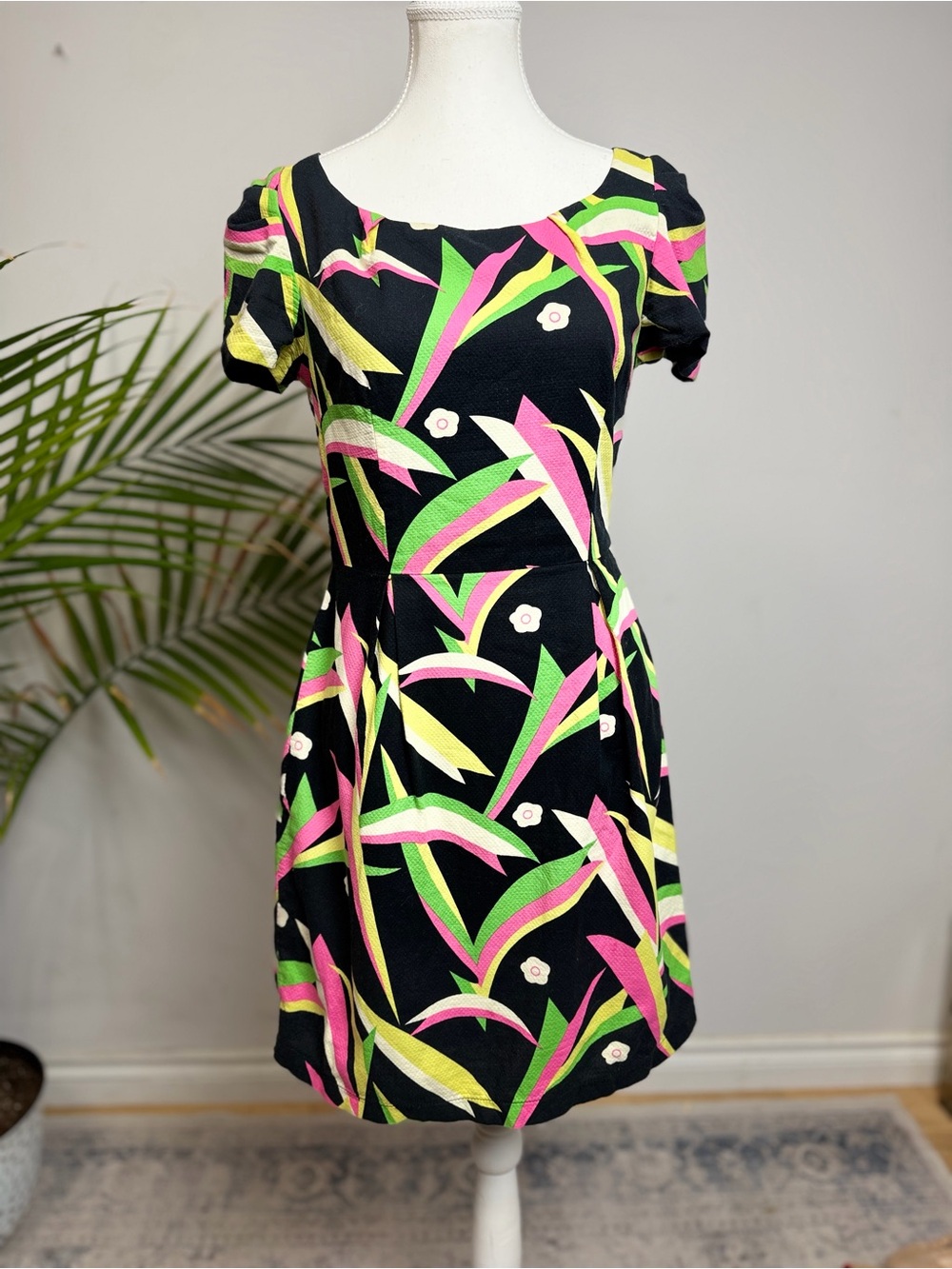 Vivienne Westwood Black Dress with Neon Pink, Lime Green & Yellow Print